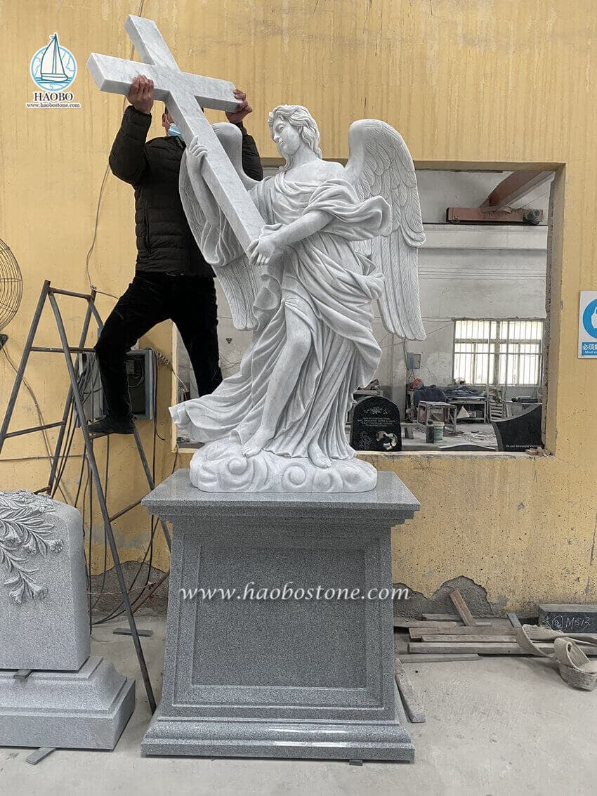 white marble angel cross statue