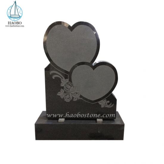 Double Heart with Flower Engraved Upright Headstone