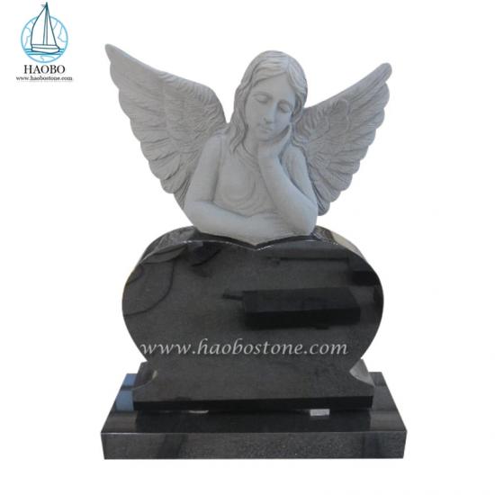 Black Granite Sleeping Angel With Heart Memorial Headstone