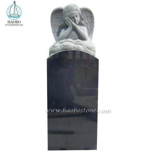 Black Granite Sleeping Angel Upright Headstone