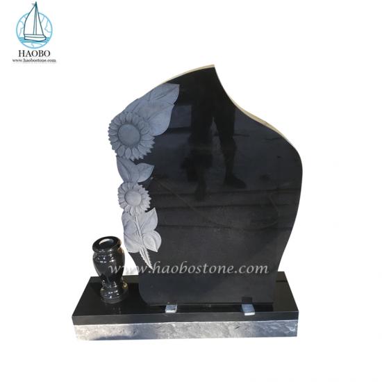 Black Granite Monument Cremation Tombstone Sunflowers Carved Headstone