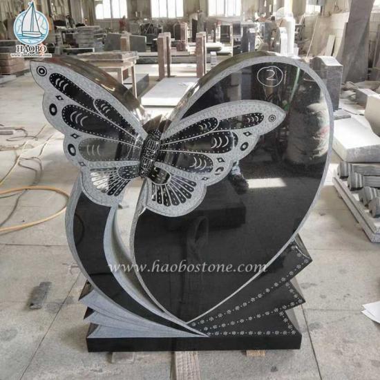 Black Granite Butterfly Carved Headstone