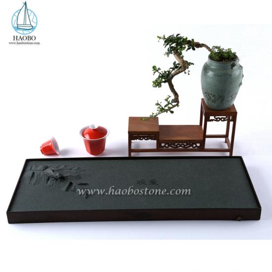 Black Granite Stone Carved Tray Rectangular Tea Tray