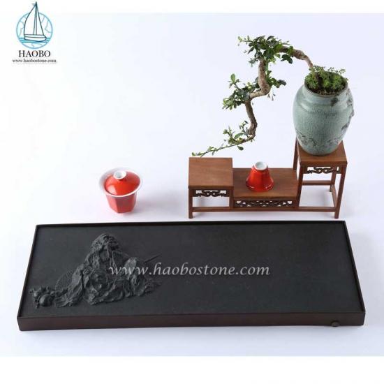 Black Granite Stone Carved Tray Rectangular Tea Tray