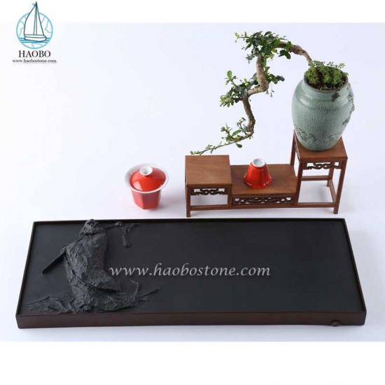 Black Granite Stone Carved Tray Rectangular Tea Tray