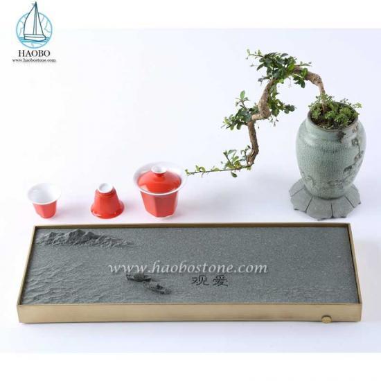 Grey Granite Stone Boat Carved Tea Tray