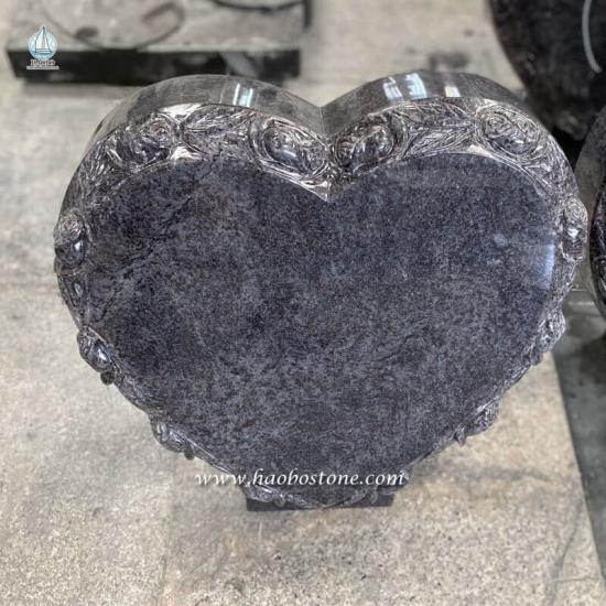 Bahama Blue Granite  Heart Shaped  With Carved Flowers Gravestone