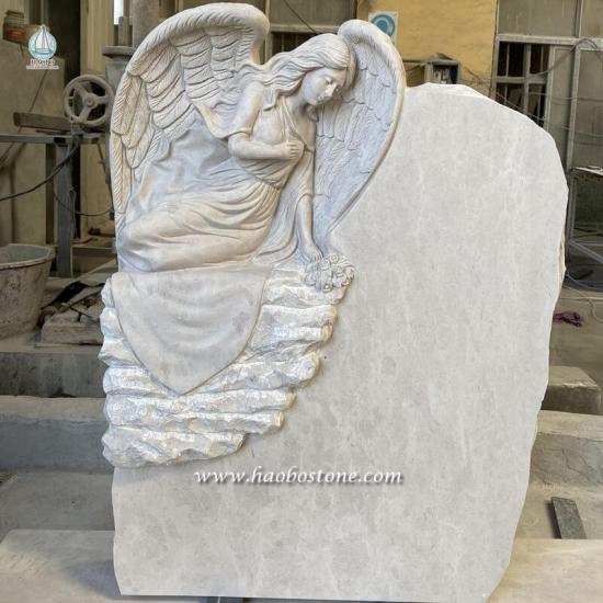 Halley Beige Marble Sitting With Closed Eyes Angel Holding Flower Carved Gravestone