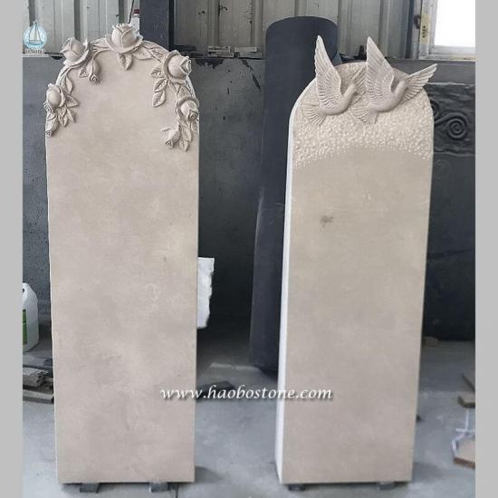 Halley Beige Marble Customized Card Shaped with Flower Carved Memorial Headstone