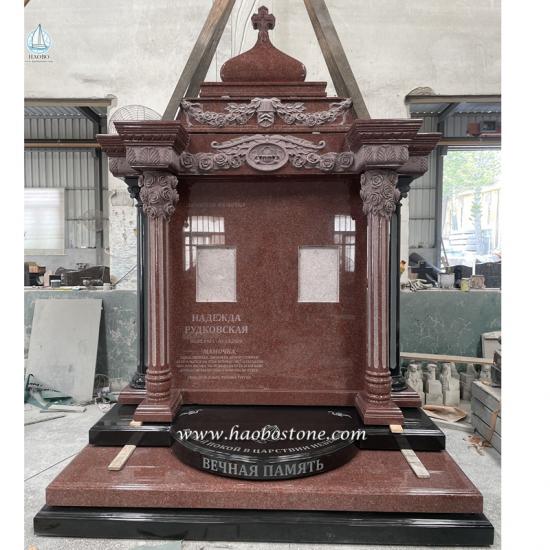 Red Granite European Style Cross-top Designed And Symmetrical Column With  Carved Flower Funeral Memorial Monument​