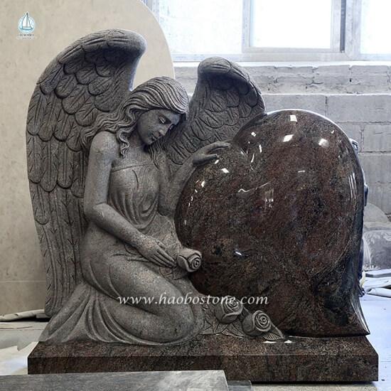 Paradiso Granite Winged Weeping Angel Holding Floral Carved  Headstone