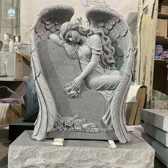 Natural Stone Grey Granite Sleeping Angel Headstone with Floral Carved