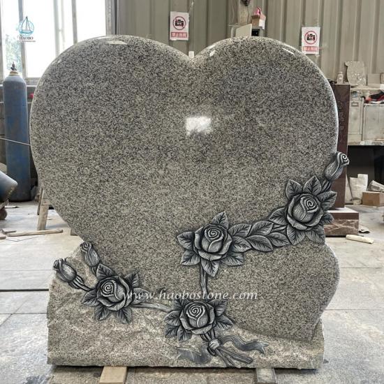 Grey Granite Heart Shaped Upright Headstone with Antique Floral Carving